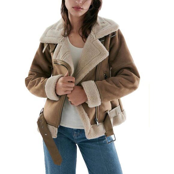 Women Brown Faux Shearling Moto Jacket Thick Lined Winter Leather Coat Parka - Picture 2 of 6